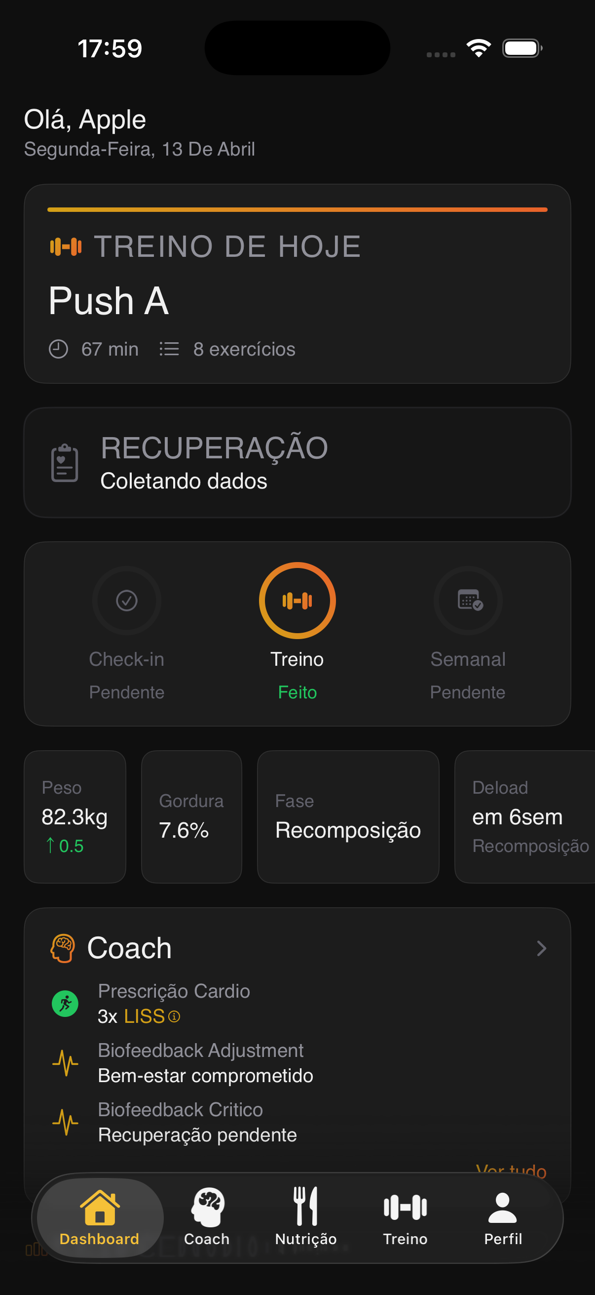 Dashboard — métricas, daily rings, coach insights