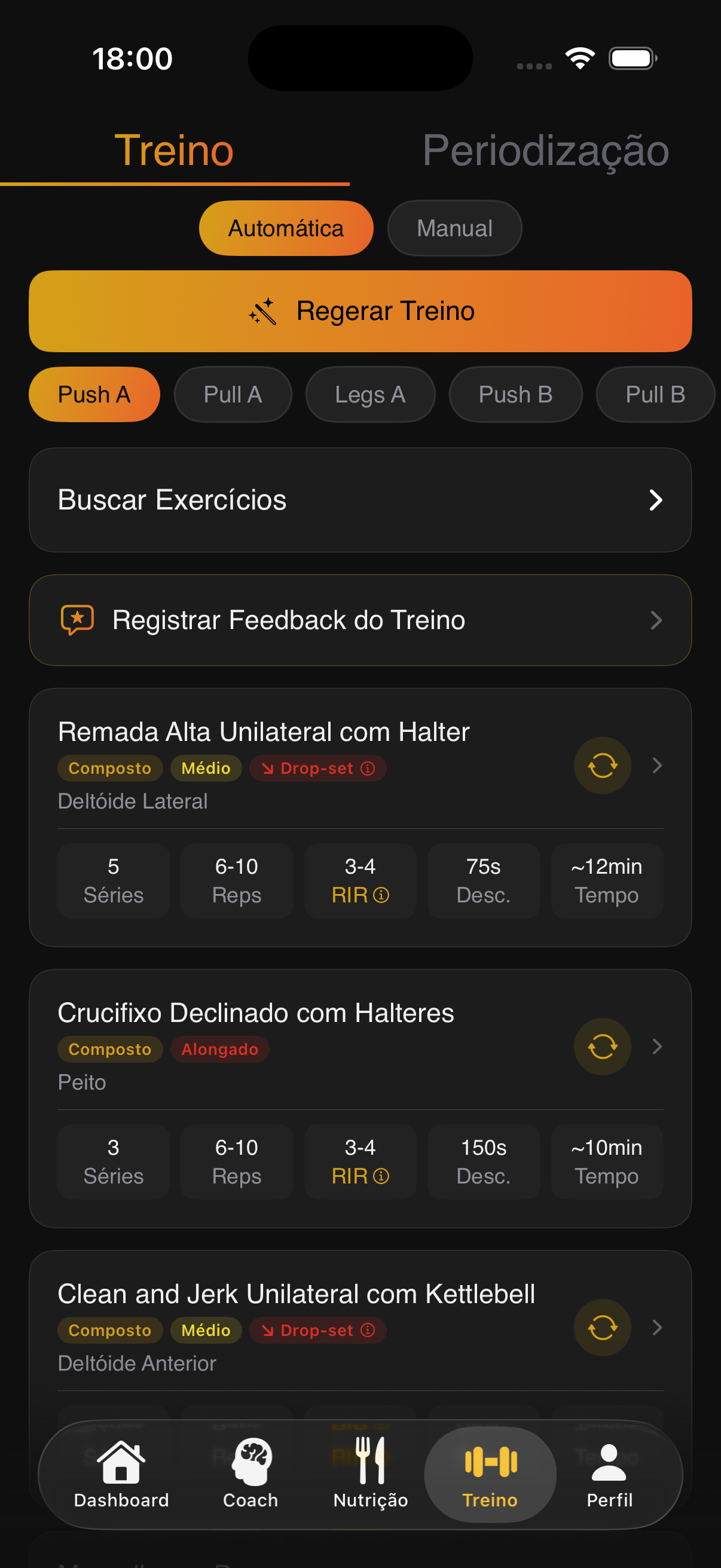 Treino — ficha de exercícios com séries e carga
