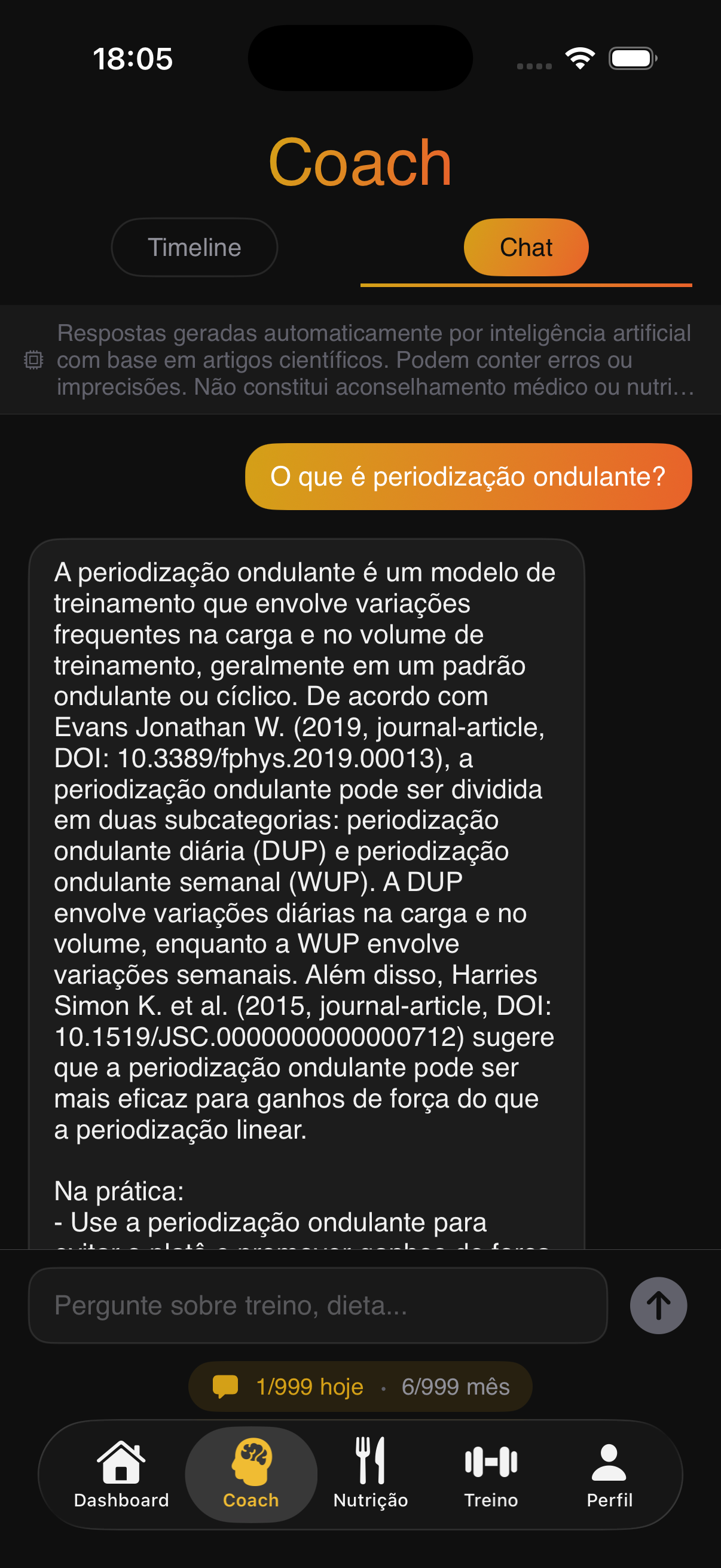 Coach — chat com IA científica (RAG)