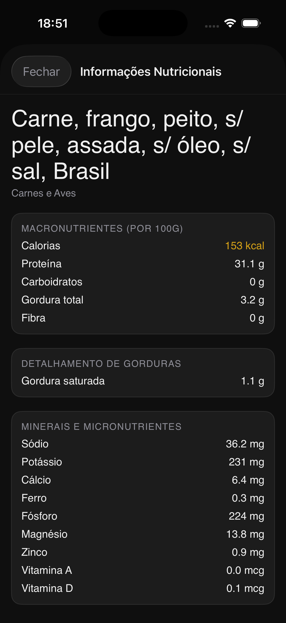 Alimento — informações nutricionais completas
