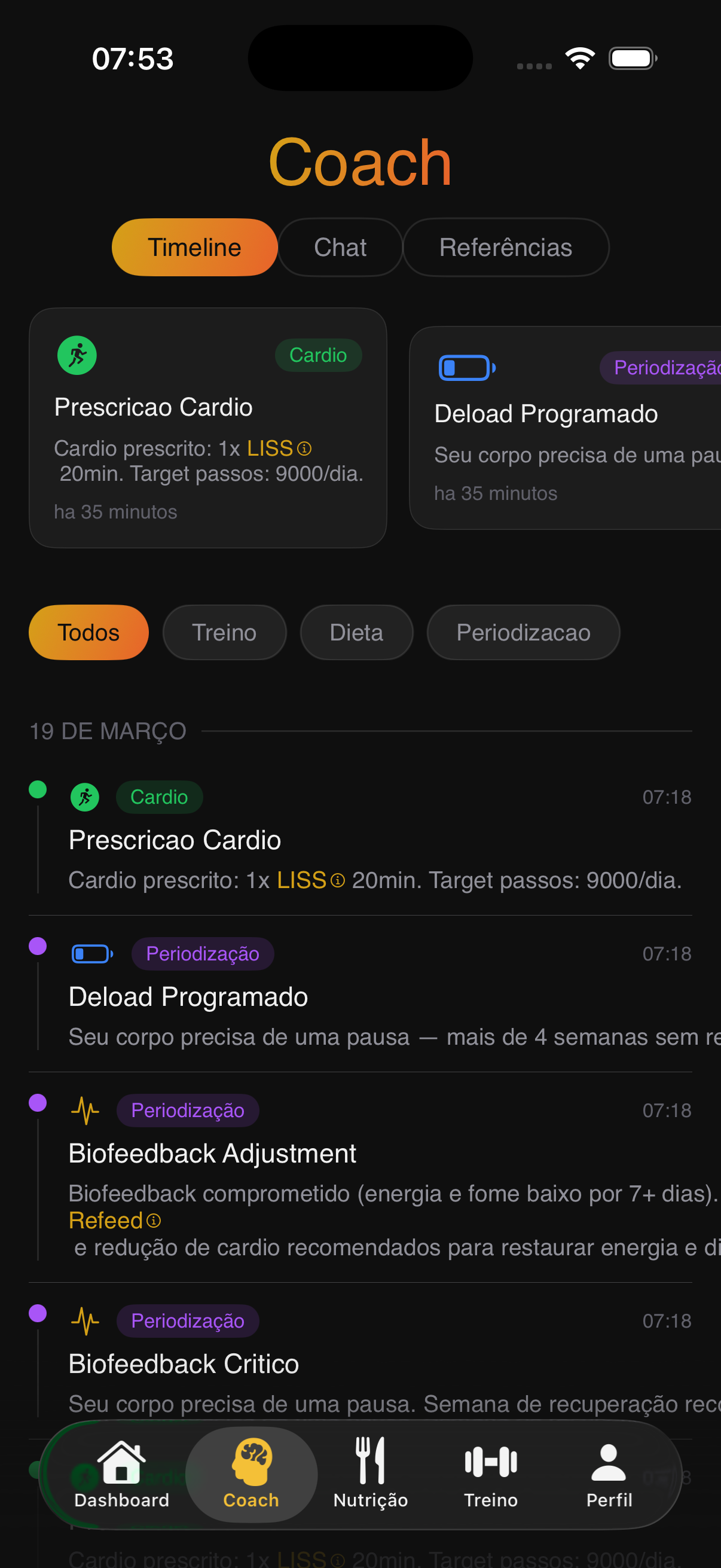Coach — timeline e chat
